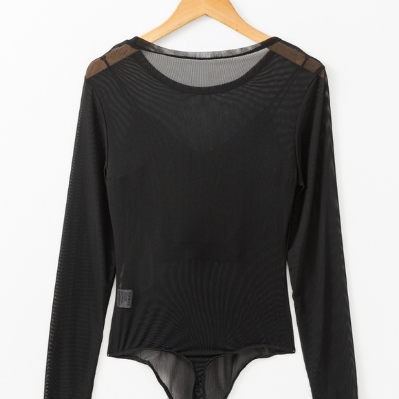 B155 Black Mesh Long Sleeve Slim Fit Bodysuit - Picture 4 of 4